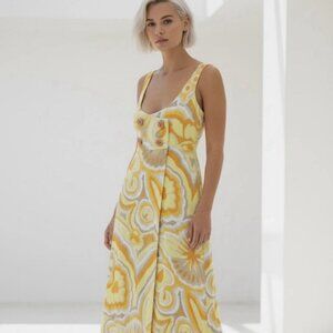 VINTAGE Handmade 70s Psychedelic Maxi Dress Yellow Festival Groovy Hippie Mod